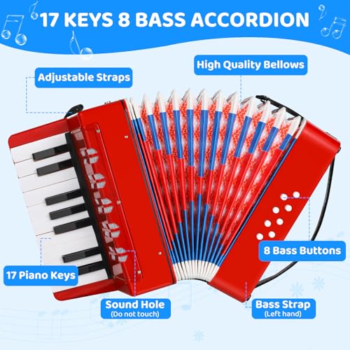 Akkordeon für Kinder, 17 Tasten 8 Bass Klavier mit verstellbaren Riemen, Knopfakkordeon für Erwachsene und Kinder ab 3 Jahren, Concertina Musikinstrument für Anfänger (rot)