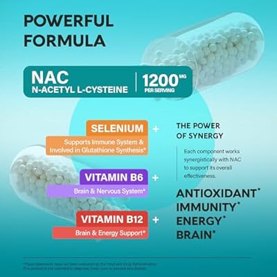 NAC Supplement | Selenium | B6 | B12 - Antioxidant, Immune Support - N Acetyl Cysteine 600 mg per Capsule, 1200 mg per Serving - Made in USA - Non-GMO, Gluten-Free, Vegan - 120 caps, 2 Month Supply