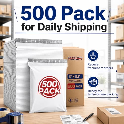 Image of Fuxury Poly Mailers 12x15.5 inch 500 Pack,White Bulk Shipping Bags for Clothing | Bulk Pack Mailers Poly Bag,Strong Adhesive Packaging,Self Seal Mailing Envelopes for Small Business,Boutique & Online Sellers