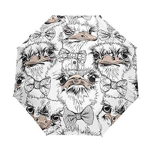 Parapluie automatique compact contre la pluie et les UV motif autruche avec nœud papillon