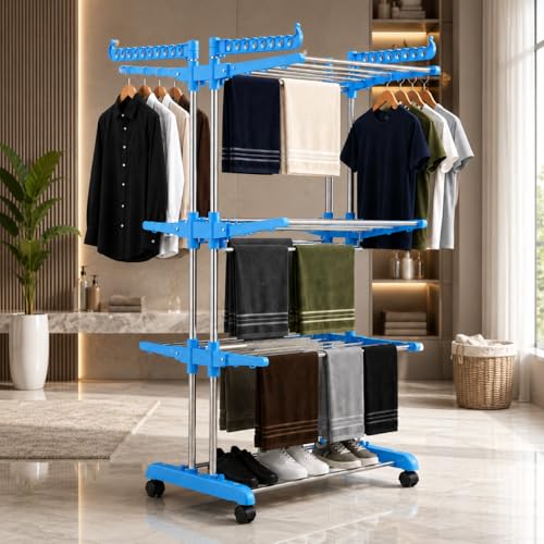 Image of SUNDRY 1pc 3-Tier Rolling Clothes Drying Rack,Freestanding Rack for Bathrooms, Apartments, and Laundry Rooms, with 360 Wheels for Easy Movement
