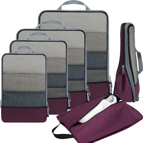 Image of BAGAIL 4 Set /6 Set /8 Set Compression Packing Cubes Travel Accessories Expandable Packing Organizers (Half Mesh, 6-Burgundy)