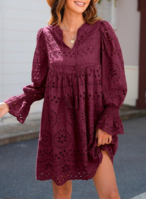Image of Dokotoo Womens 2026 Boho Dress Tassel V Neck Long Sleeve A Line Casual Hollow Out Lace Ruffle Party Dresses