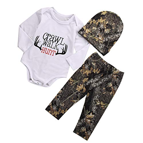 Image of Gureui Newborn Baby Boy Clothes Long Sleeve Romper Onesie Camo Pants with Hat Infant Outfit