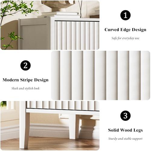 Image of Furniway White 6 Drawer Dresser, Modern Wide Dresser for Bedroom, Fluted Wood Chest of Drawers with Metal Handles for Clothes, Storage Cabinet for Living Room, Entryway, Office