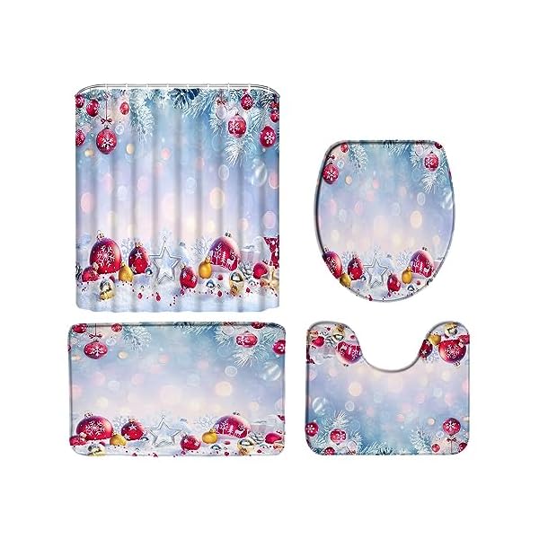   4-Pcs-Shower-Curtain-Set-Christmas-Ball-Bath-Mat-Winte-Holiday-Red-Xmas-Ball-Snowflake-Snow-Scene-New-Year-Bathroom-Bedroom-Kitchen-Rug-Toilet-Cover-and-U-Shaped-Mat