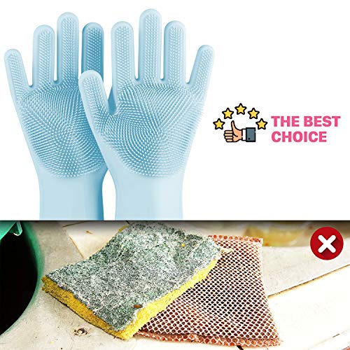 ANZOEE Reusable Silicone Dishwashing Gloves, Pair of Rubber Scrubbing Gloves for Dishes, Wash Cleaning Gloves with Sponge Scrubbers for Washing Kitchen, Bathroom, Car and More (Gray) (Blue)