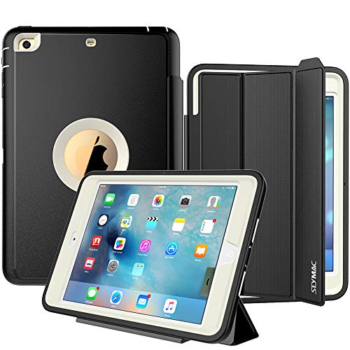SEYMAC Compatible with iPad Mini 1/2/3 Case, Three Layer Drop Protection Rugged Protective Heavy Duty Case Magnetic Smart Auto Wake/Sleep Cover for iPad Mini 1/2/3(Black/Cream)