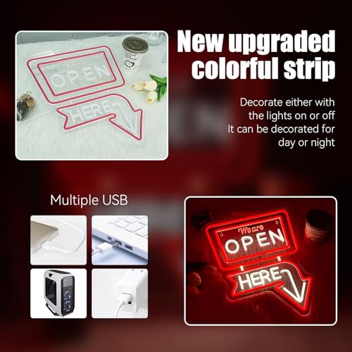 Image of ineonlife We Are Open Here Neon Sign Red Neon Signs for Wall Decor Led Lights for Bar Man Cave Club Store Hotel Restaurant Coffee Shop Business Decor Gifts