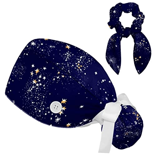 Image of Women's Working Caps Bouffant Surgical Cap with Bow Scrunchies Little Daisy Art Paint Ponytail Holder Tie Back Scrub Hat