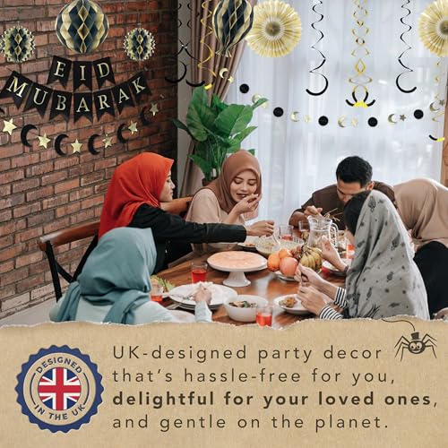 Premium Reusable Ramadan Decorations For Home - Eid Decorations - 3-In-1 Banner Spells Eid Mubarak, Ramadan Mubarak & Ramdan Kareem - Fast Assembly With Velcro (Black & Gold) - 6