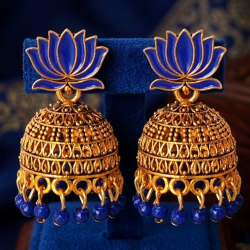 Image of OnlyKing Traditional Lotus Meenakari Jhumka Earrings for Women & Girls | Gold Color Oxidised Ethnic Floral Jhumki | Temple South Indian Style Ear rings Set | Stylish Trending Big Colorful Jhumkas (Available in 12 Colors)