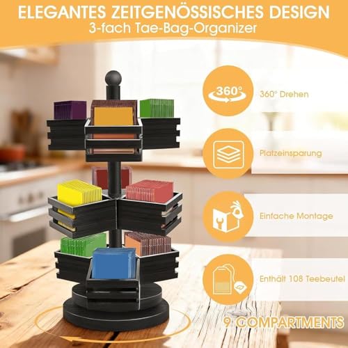 Support de rangement de comptoir rotatif avec 9 compartiments pour sachets de thé