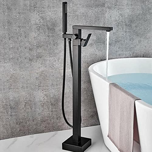 ハンドヘルドシャワー付きの黒いバスタブ蛇口を備えた自立型フロアバスタブ