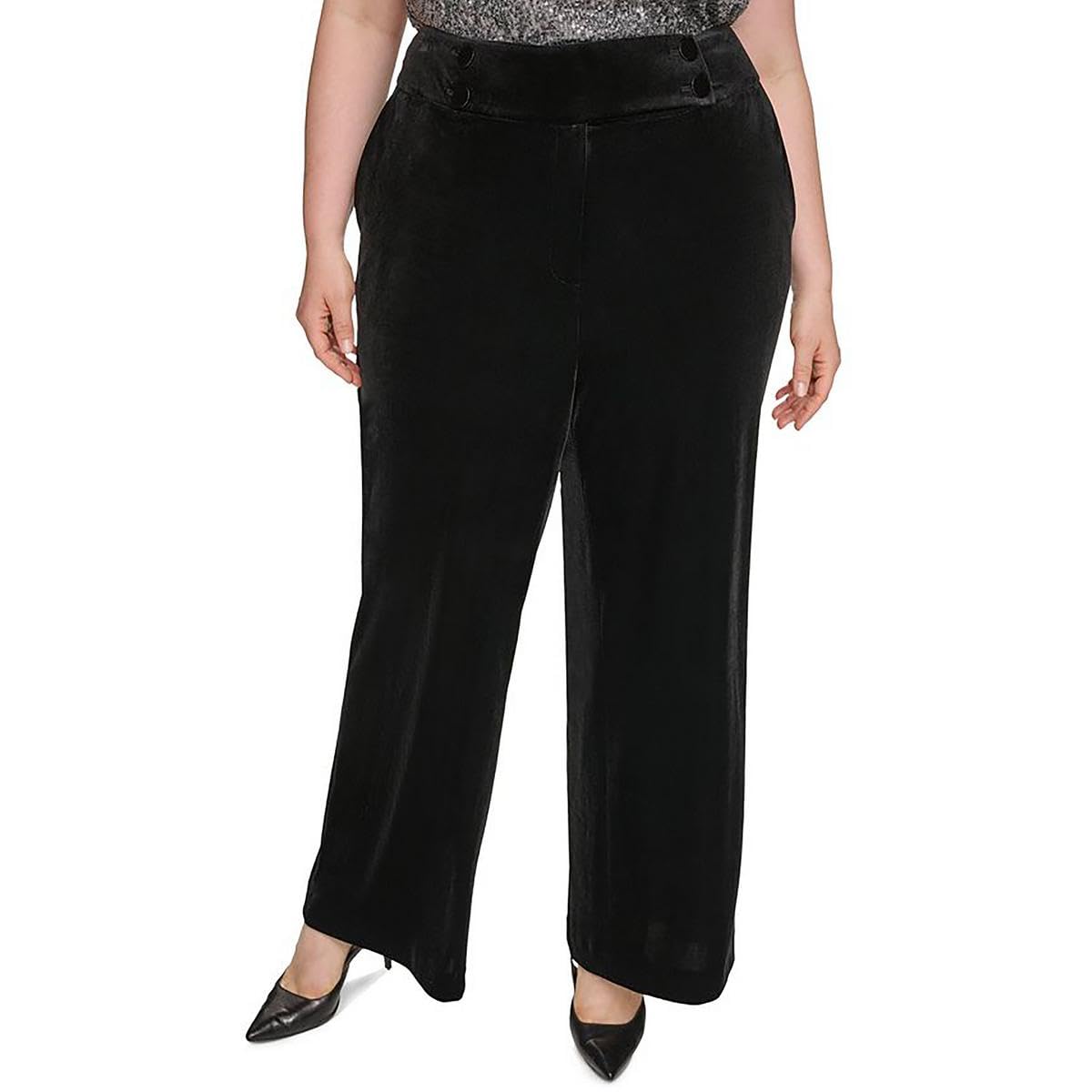 Calvin Klein Womens Plus Whitney Velvet Mid Rise Wide Leg Pants Black 16W
