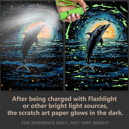 M MUGIT 2 Pack Noctilucent Scratch Art Rainbow Painting Paper - Large Canvas 16"x 11.2", ASMR Scratch Set (Satisfying), Relaxing Scratchboard Creative Craft Set for Teens, Adults (Cat/Dolphin) - Image 3