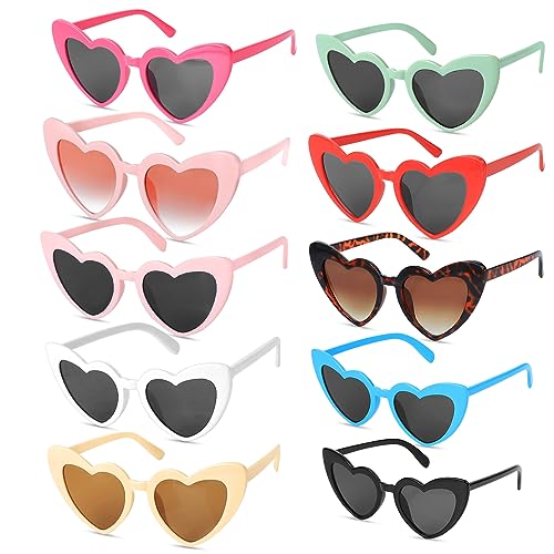 JOLIGAEA Gafas de Sol de Corazón, 10 Pares Gafas de Fiesta de Color, Hippy Gafas de Sol, Gafas de Sol Colores Fiesta, Gafas de Corazón para Fiesta de Carnava de Cumpleaños para Niños y Adultos