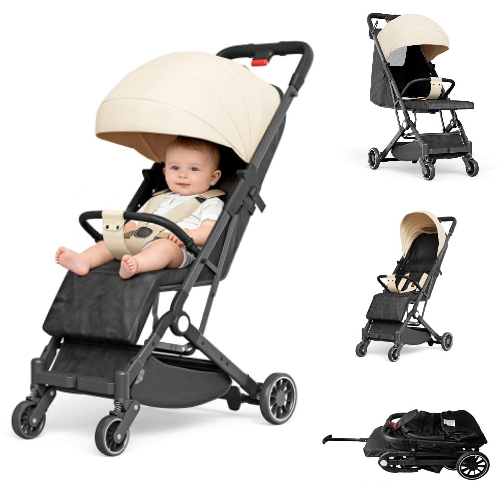 OHMG - Cochecitos de la ciudad, 0-4 años, 0-22 kg, cochecito de bebé ligero y compacto, 3 posiciones de inclinación, posición alargada, plegable automática, correa para el hombro (Kaki-63x30x101cm)
