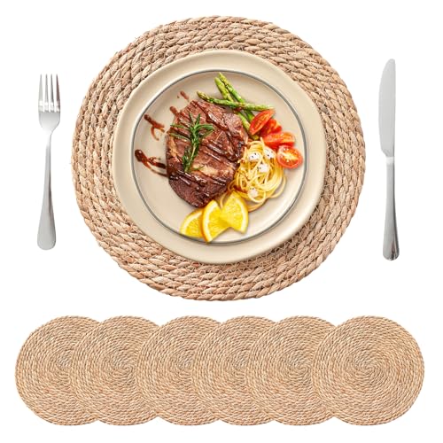 Image of Round Woven Placemats Set of 6, 13.5'' Boho Rattan Chargers for Dinner Plates, Rustic Wicker Place Mats, Straw Braided Table Placemats, for Dining Table Decor, Wedding, Farmhouse and Home Decor