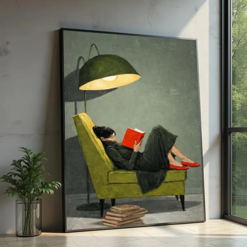 Tableau sur toile femme lisant grand format 70x100 cm décoration murale vintage