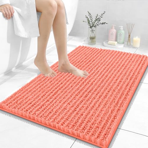 Image of OLANLY Bathroom Rug Mat 36x24, Thick Soft and Absorbent Chenille Bath Mat, Non-Slip Rubber Backing, Machine Washable Quick Dry Bath Rugs for Tub Shower Floor, Home Decor Accessories, Coral