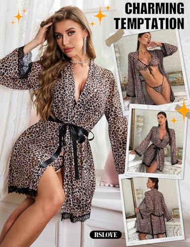 RSLOVE Women Sexy Lingerie Set - 3 Piece Bra and Panty Sets with Lace Kimono Robe Sheer Sleepwear Mesh Nightgown4