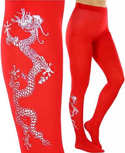 Image of ToBeInStyle Women's Opaque Pantyhose Tights w /Silver Metallic Dragon Print