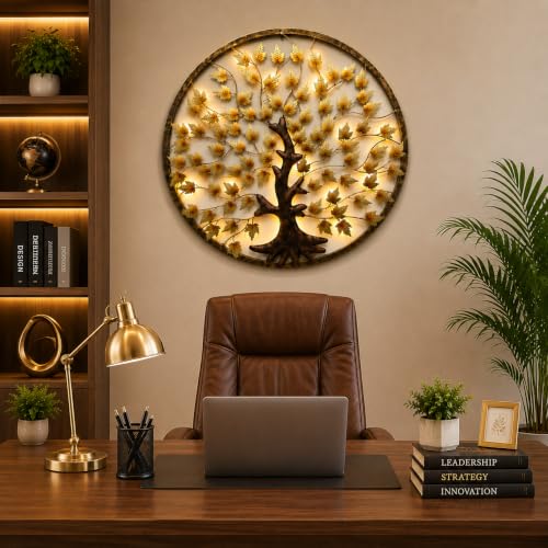 Image of Bharat Art Metal Iron Wall Art Decor for Home Bedroom Living room Cafe Interior Decorative | Elegant Wall Hanging Sculpture with LED Light | Gift Item | Mapple Tree In Ring | 40X2X40 Inch | W281
