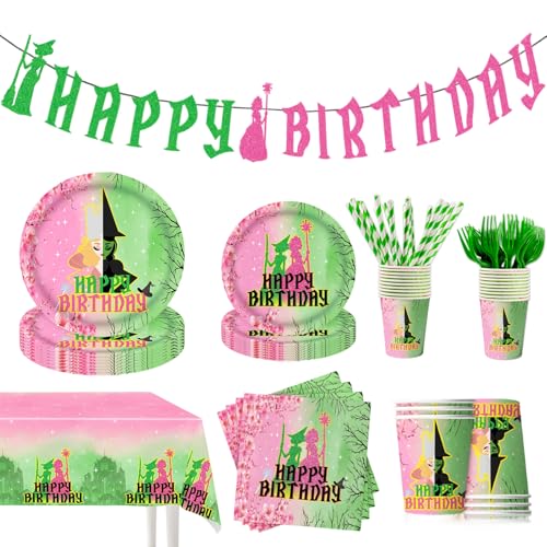 122Pcs Witch Party Supplies Pink and Green Birthday Party Decorations Witch Party Decorations Tableware Set Witch Plates and Napkins Banner Tablecloths Cups for 20 Guests