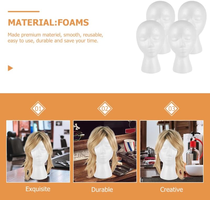Mannequin Head Mold 4 Pack 11.02X6.29X5.51In Foam Wig Display Stand Holder for Hats Caps Hair Accessories Salon Home Use
