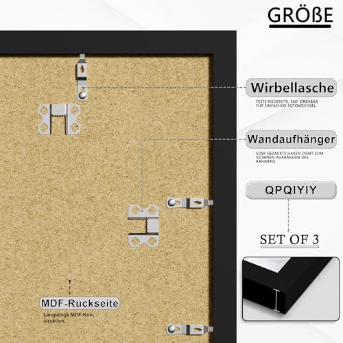 QPQIYIY Bilderrahmen 40x60 cm 3er set, Schwarz Bilderrahmen 60x40 Hergestellt aus Holzwerkstoff, Rahmen 40 x 60 cm ideal für Fotos, Bilder, Poster