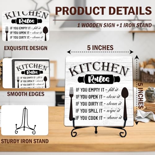 Image of DETIHO Rustic Kitchen Sign Decor, Funny Kitchen Signs for Counter, Farmhouse Wooden Plaque With Iron Stand for Home Desk Shelf Decor - G04