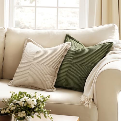 Image of MIULEE Spring Decorative Throw Pillow Covers for Couch Bed Livingroom 20x20 Inch Set of 2 Olive Green Boho Accent Throw Pllows Broadside Striped Patchwork Soft Corduroy Summer Pillowcases