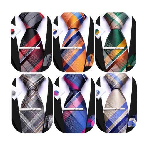 Image of Barry.Wang 6 PCS Men Ties Set Silk Business Fashion Woven Necktie Handkerchief Cufflinks Paisley Stripe Wedding Party