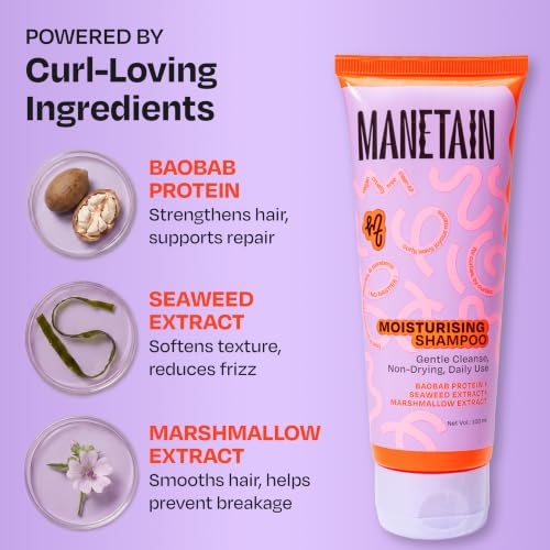 Image of MANETAIN Moisturising Shampoo 100ml for Curly, Dry & Frizzy Hair | Sulphate & Paraben Free | Hydrates & Strengthens with Baobab Protein, Seaweed & Marshmallow Extract | CG-Friendly, Gentle Cleanser for Soft, Defined Curls