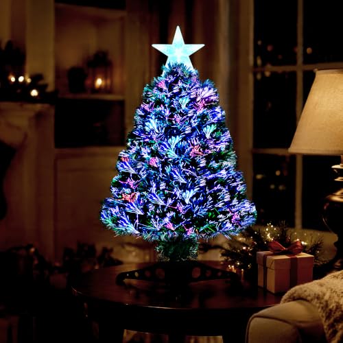 Image of VeryMerry 2FT Fibre Optic Christmas Tree with Timer Lights, Pre-Lit Artificial Mini Xmas Tree, 8 Hours On 16 Hours Off, Tabletop Christmas Decoration