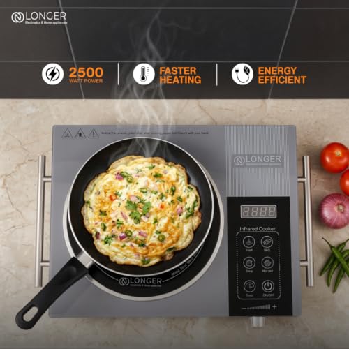 Image of LONGER 2500W Infrared Cooktop with Grill Rack - Dual Control (Touch + Knob), Crystal Glass Hot Plate, Digital Display, 240V Portable Electric Stove, Universal Cookware Compatible (Silver)