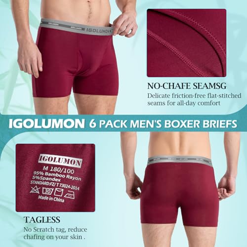 IGOLUMON Mens Underwear, 6 Pack Men's Boxer Briefs Soft Bamboo Rayon Boxers for Men Breathable Underwear Trunks with Fly4