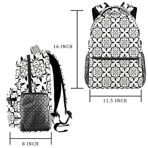 Sac à dos bohème noir et blanc imprimé géométrique avec porte-bouteille pour campus