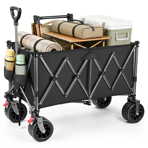 179.5L Festival Trolley on Wheels, Folding Wagon, Portable Camping Cart, Camping Trolley Foldable for Beach Outdoor Garden Shopping Fishing, Ultra Wide Wheels, Classic Black