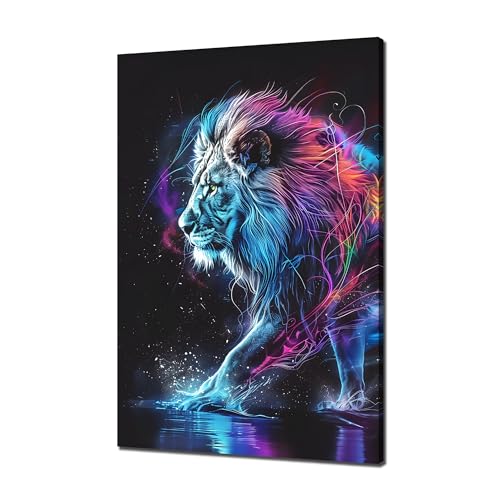 Neon Lion Art Print Wall Art, Lion Neon Galaxy Wall Decor, Black Background Picture, Canvas Print, Abstract Painting, Colorful Poster Framed Home Office Decoration Artwork(24x36 inches)