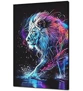 Neon Lion Art Print Wall Art, Lion Neon Galaxy Wall Decor, Black Background Picture, Canvas Print...