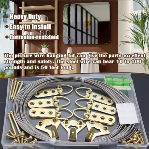 Image of Golden Picture Hanging Kit Picture Hanging Wire Kit Heavy Duty Mirror Hanging Kit,100 lbs 50FT Stainless Steel Wire Hanger Kit,with D-Ring /Hanging Hooks /Screws /Level