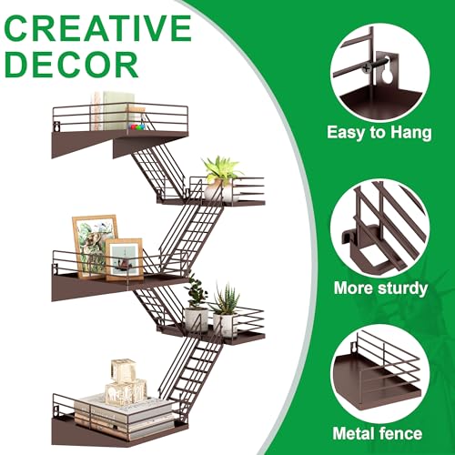 MVPSONAG Fire Escape Shelf - 5 Tier Large Coffee Metal Fire Escape Wall Shelves with Baskets, New York Action Figurine Display Shelf, Unique Rustic Floating Decorative Wall Shelves for Home — view 5