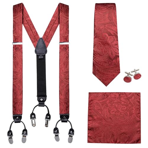 Image of Barry.Wang Men Suspender Set with Necktie Elastic Y Type Heavy Duty 6 Clips Braces Tie Handkerchief Cufflink Pin 6PCS