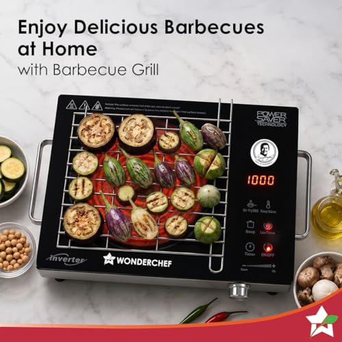 Image of Wonderchef Smart Cook Infrared Electric Cooktop, Crystal Glass Surface, Single Burner with 2 Heat Settings, BBQ Grill, 2000W, Compatible with Steel,Ceramic,Cast-iron,Aluminium Cookware, 2-Yr Warranty