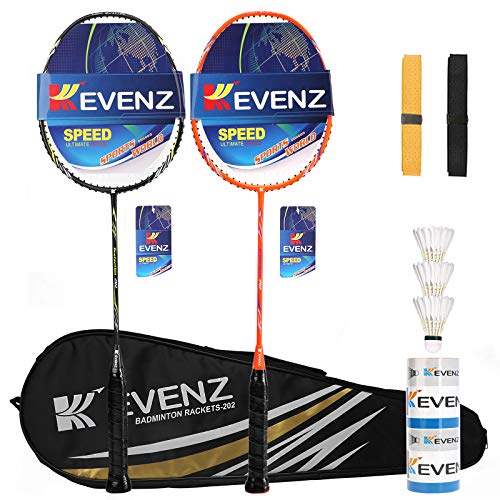 KEVENZ Badminton Racket Set, 2 Carbon Fiber Badminton Racquet, 3 Goose Feather Badminton Birdie, 2 Racket Grip and 1 Carring Bag (Black & Orange)