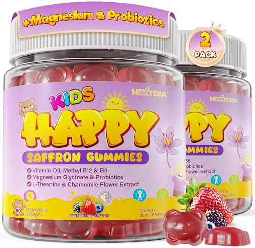 Happy Saffron Gummies for kids Teen, Organic Saffron + Magnesium Glycinate Supplement with Probiotics, L-Theanine, Chamomile, D3, B6, B12 for Children’s Focus & Mood, Calm, Sleep, Sugar Free, 120 Cts