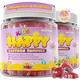 Happy Saffron Gummies for Kids Teen, Organic Saffron + Magnesium Glycinate Supplement with Probiotics, L-Theanine, Chamomile, D3, B6, B12 for Children's Focus & Mood, Calm, Sleep, Sugar Free, 120 Cts
