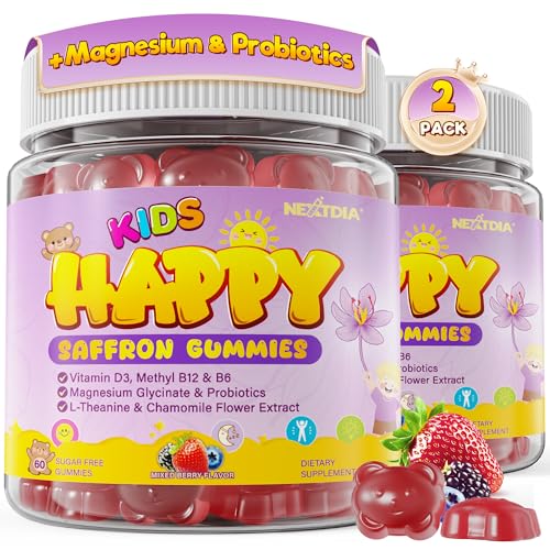 Happy Saffron Gummies for Kids Teen Organic Saffron + Magnesium Glycinate Supplement with Probiotics L-Theanine Chamomile D3 B6 B12 for Childrens Focus & Mood Calm Sleep Sugar Free 120 Cts